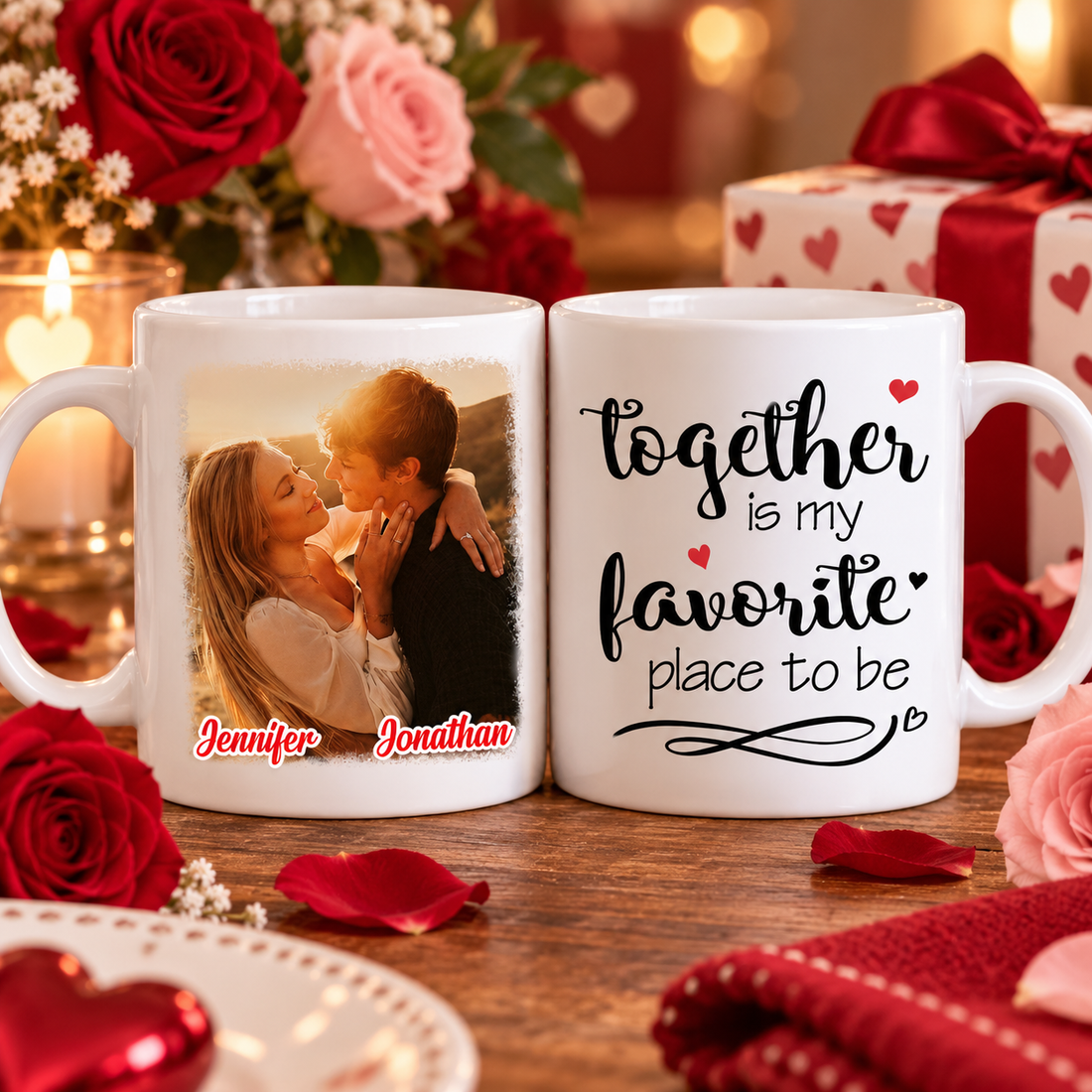 Personalized couple photo mugs with roses and a gift box for Valentine's Day