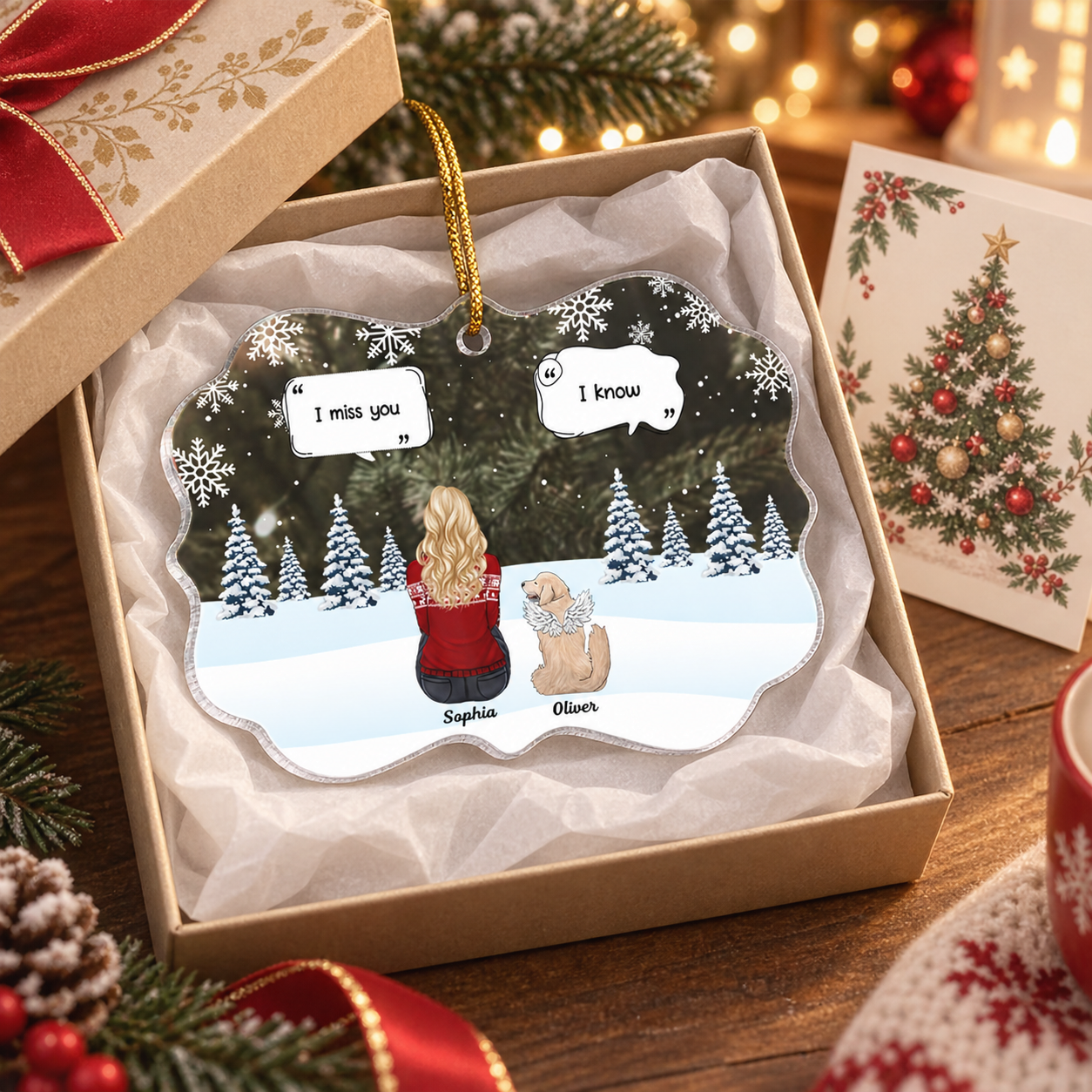 Custom acrylic I Miss You ornament in a gift box with tissue on a wooden table