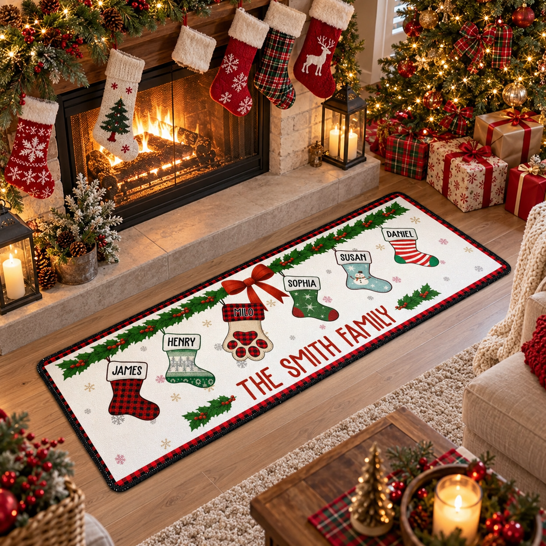 Personalized Christmas runner rug beside a fireplace with stockings in a living room