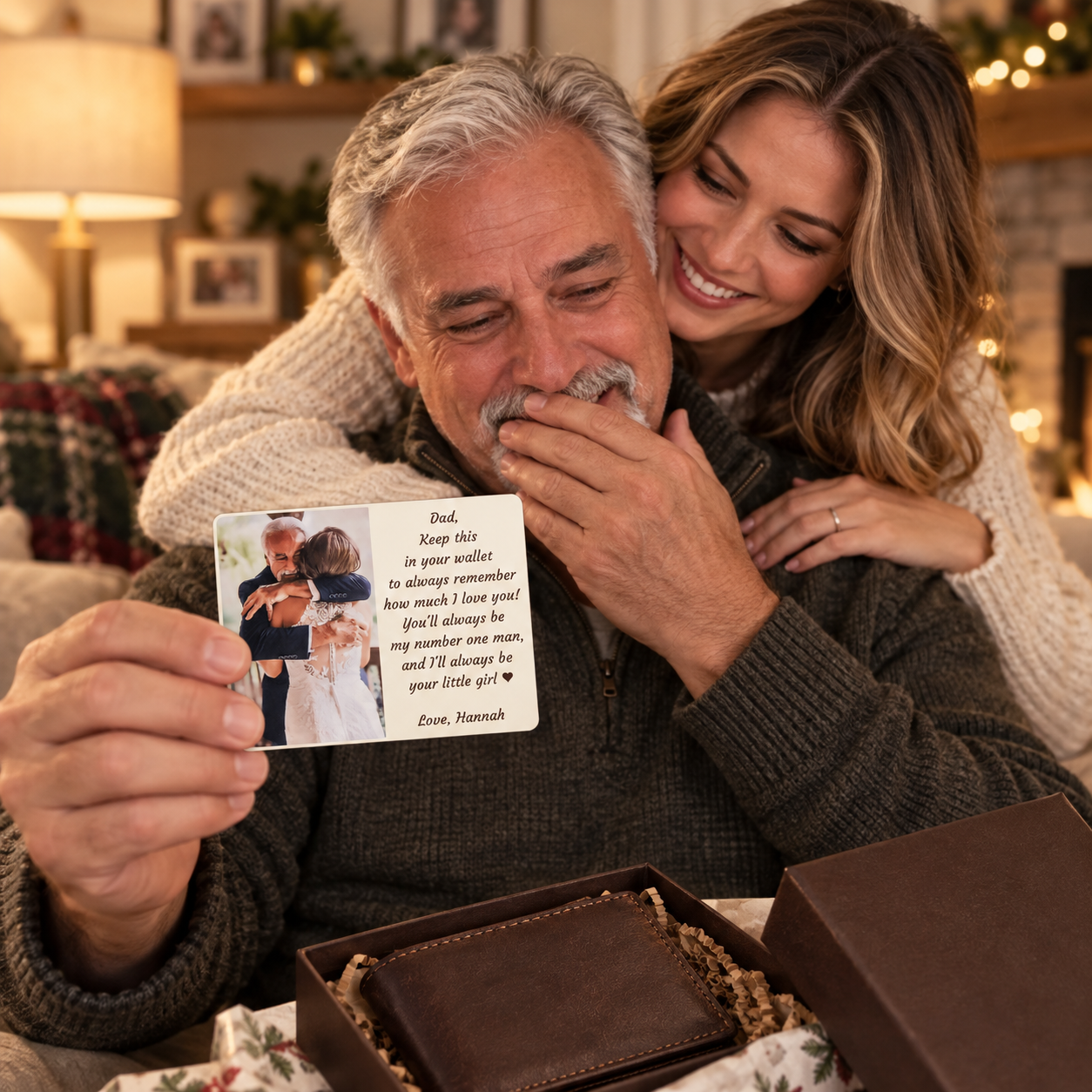 Father emotional holding a personalized wallet card gift from his daughter