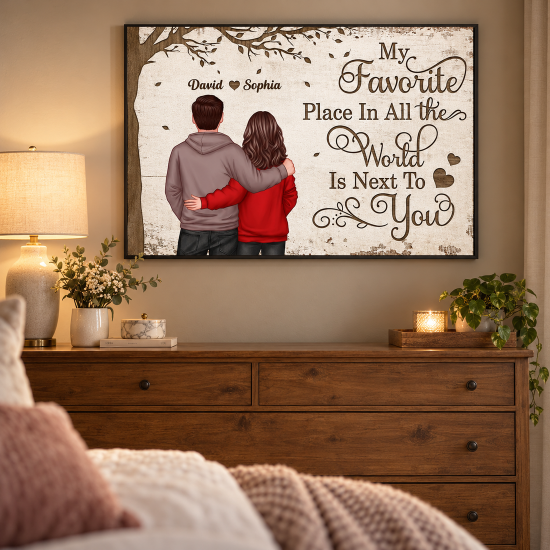 Personalized couple anniversary canvas print on a bedroom wall above a wooden dresser