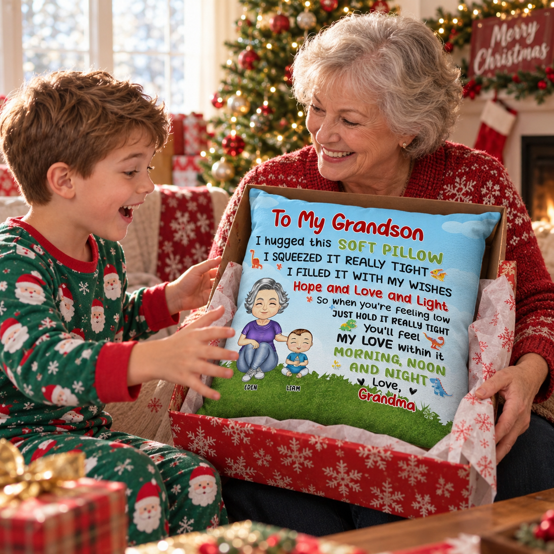 Grandma giving a boy a personalized To My Grandson pillow gift on Christmas morning