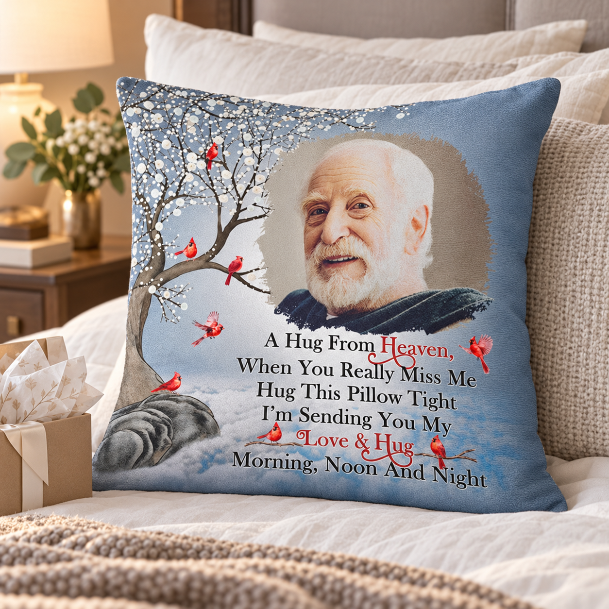 Personalized hug from heaven memorial pillow on a bed with a gift box