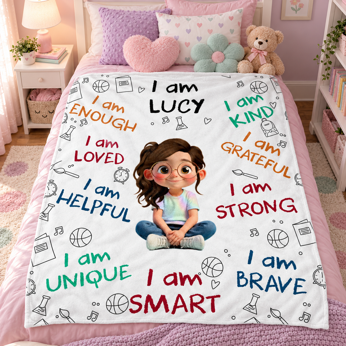 Custom I Am Enough Loved Unique Brave kid blanket spread on a pastel bed with a teddy bear