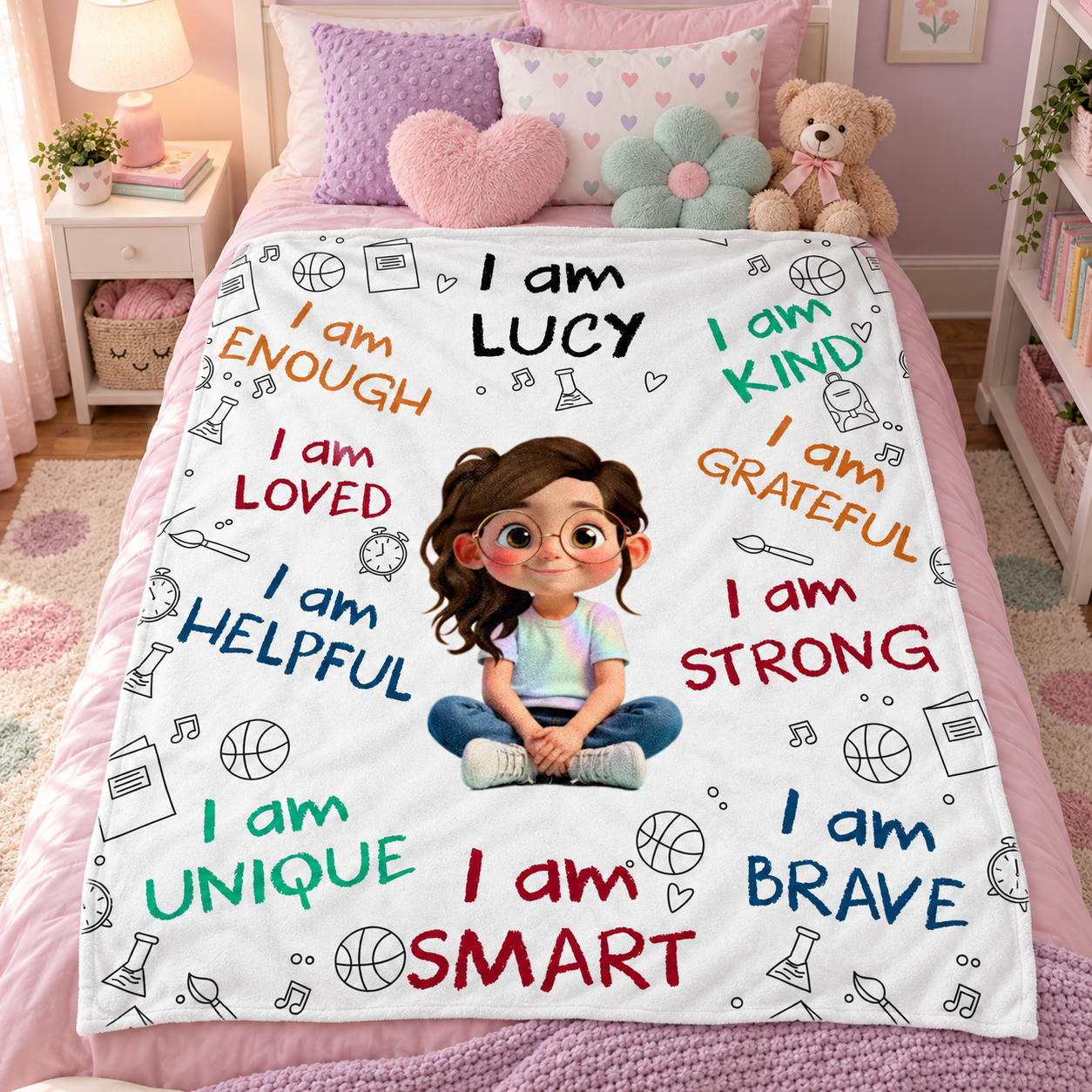 Custom I Am Enough Loved Unique Brave kid blanket spread on a pastel bed with a teddy bear