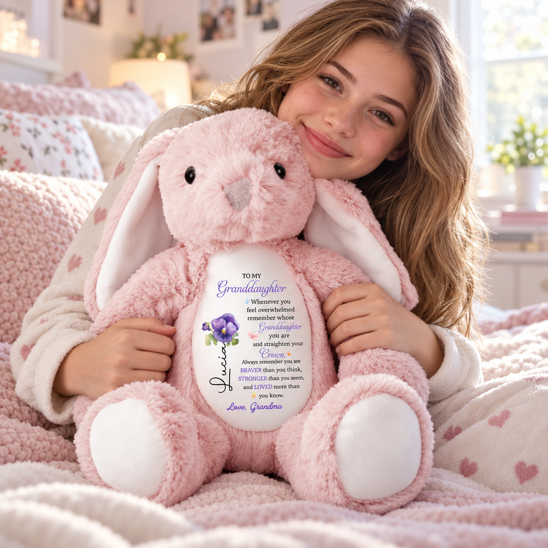 Personalized To My Granddaughter stuffed bunny hugged by a teen girl on a cozy bed