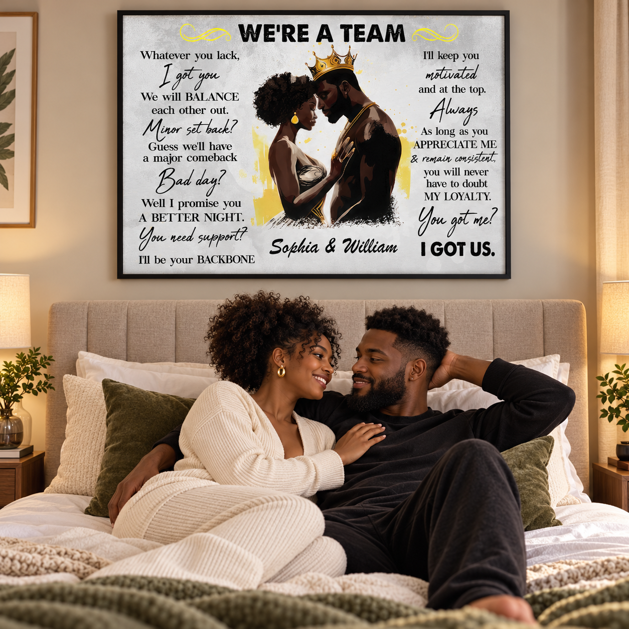 Personalized We're A Team couple poster above a bed with a smiling Black couple relaxing