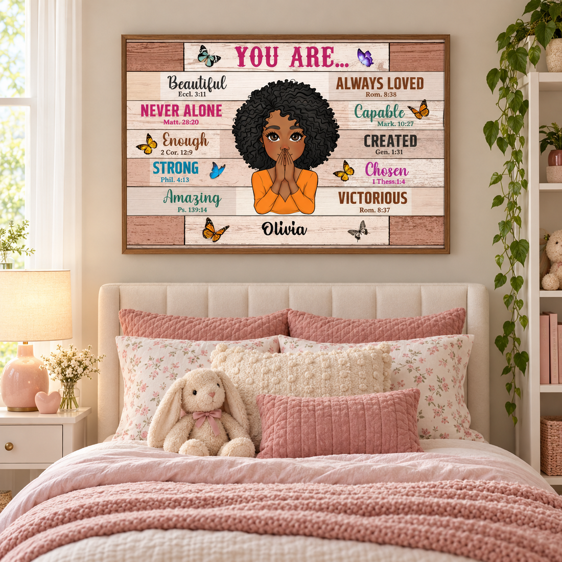 Personalized You Are Bible verse affirmation poster with girl Olivia above a bed in a girl's bedroom