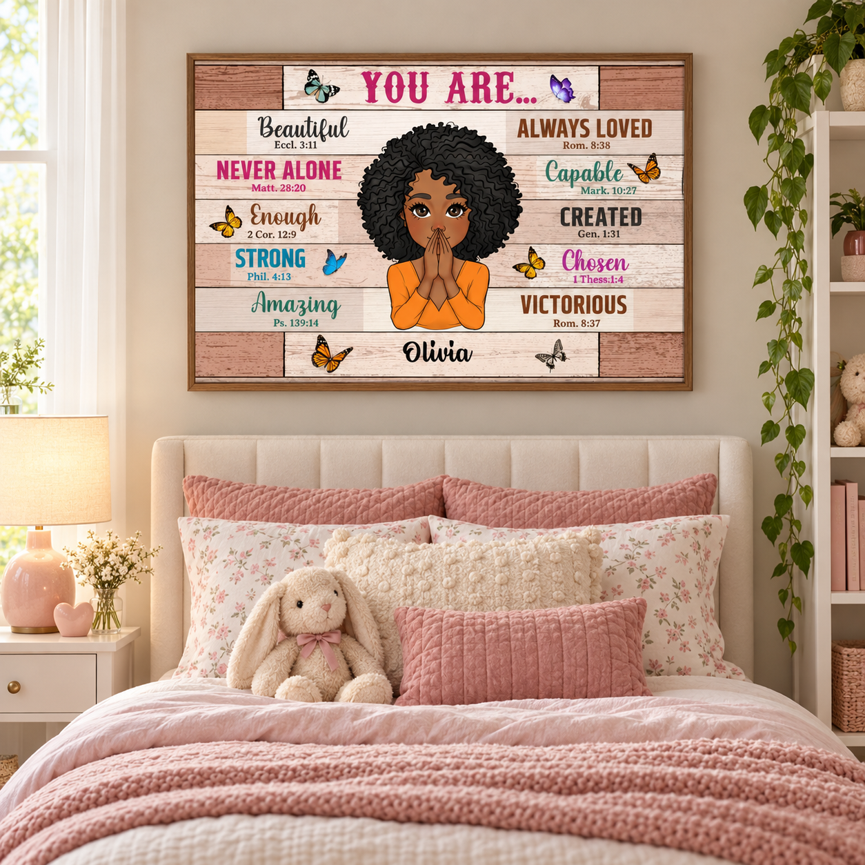 Personalized You Are Bible verse affirmation poster with girl Olivia above a bed in a girl's bedroom