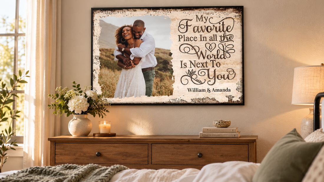 Personalized couple photo poster My Favorite Place hung in a bedroom above a dresser