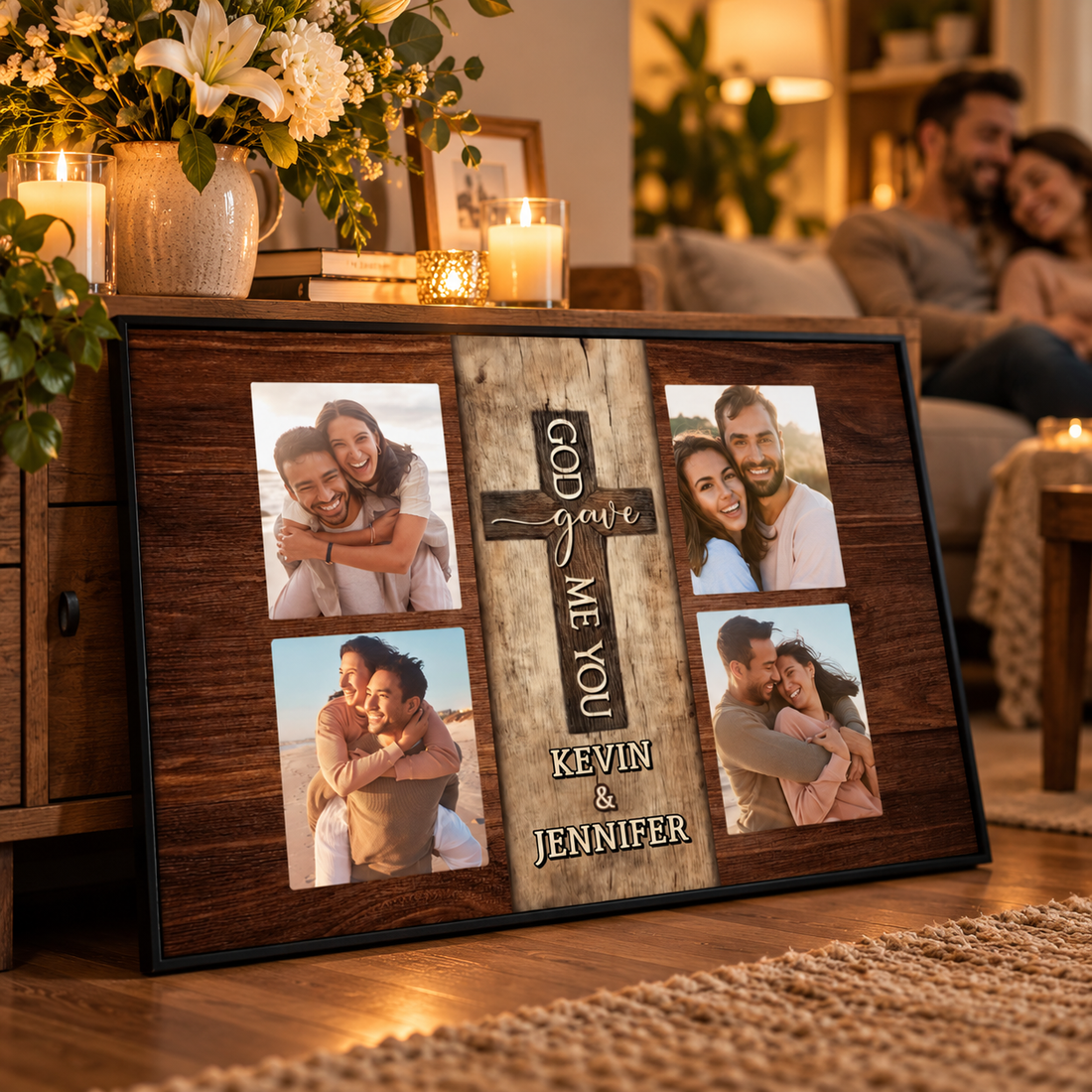 Custom couple God Gave Me You poster leaning on a console table with flowers and candles