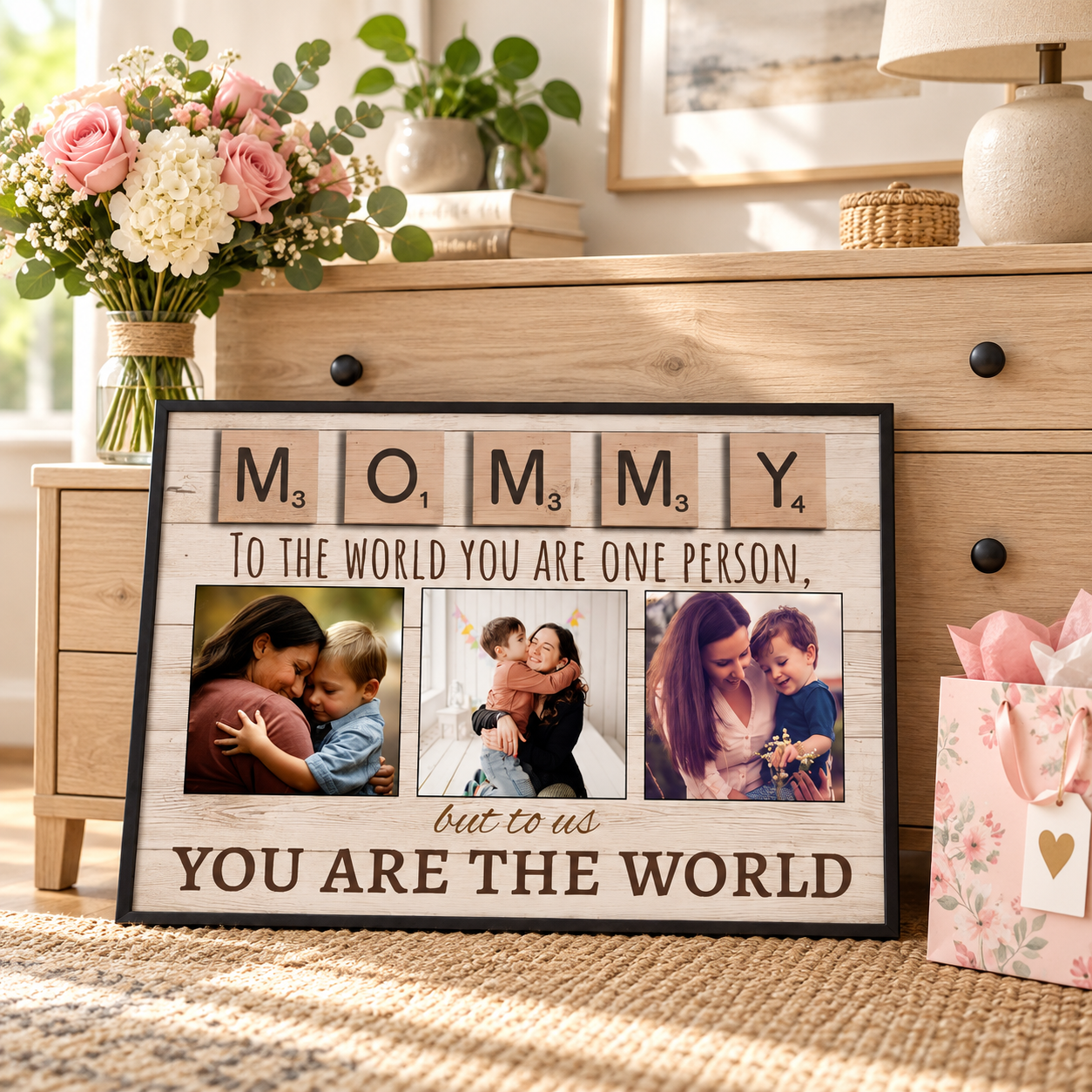 Custom Mommy You Are The World photo poster on a dresser with flowers and a gift bag