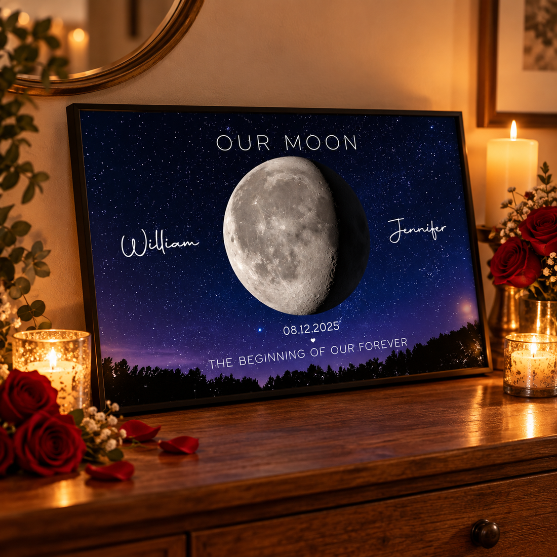 Custom Our Moon moon phase poster on a dresser with candles and red roses