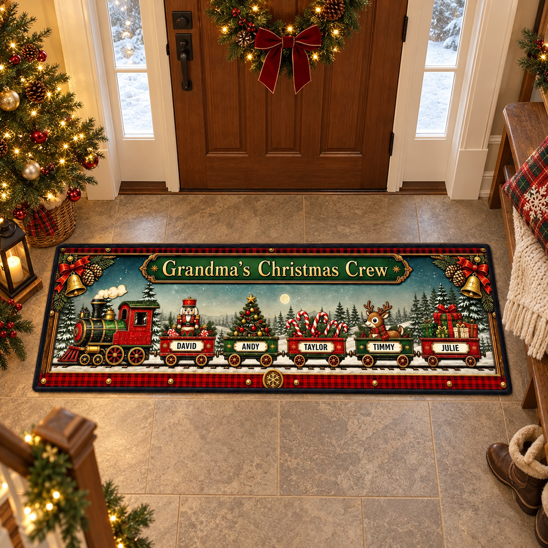 Personalized Christmas train family runner rug in a front door entryway