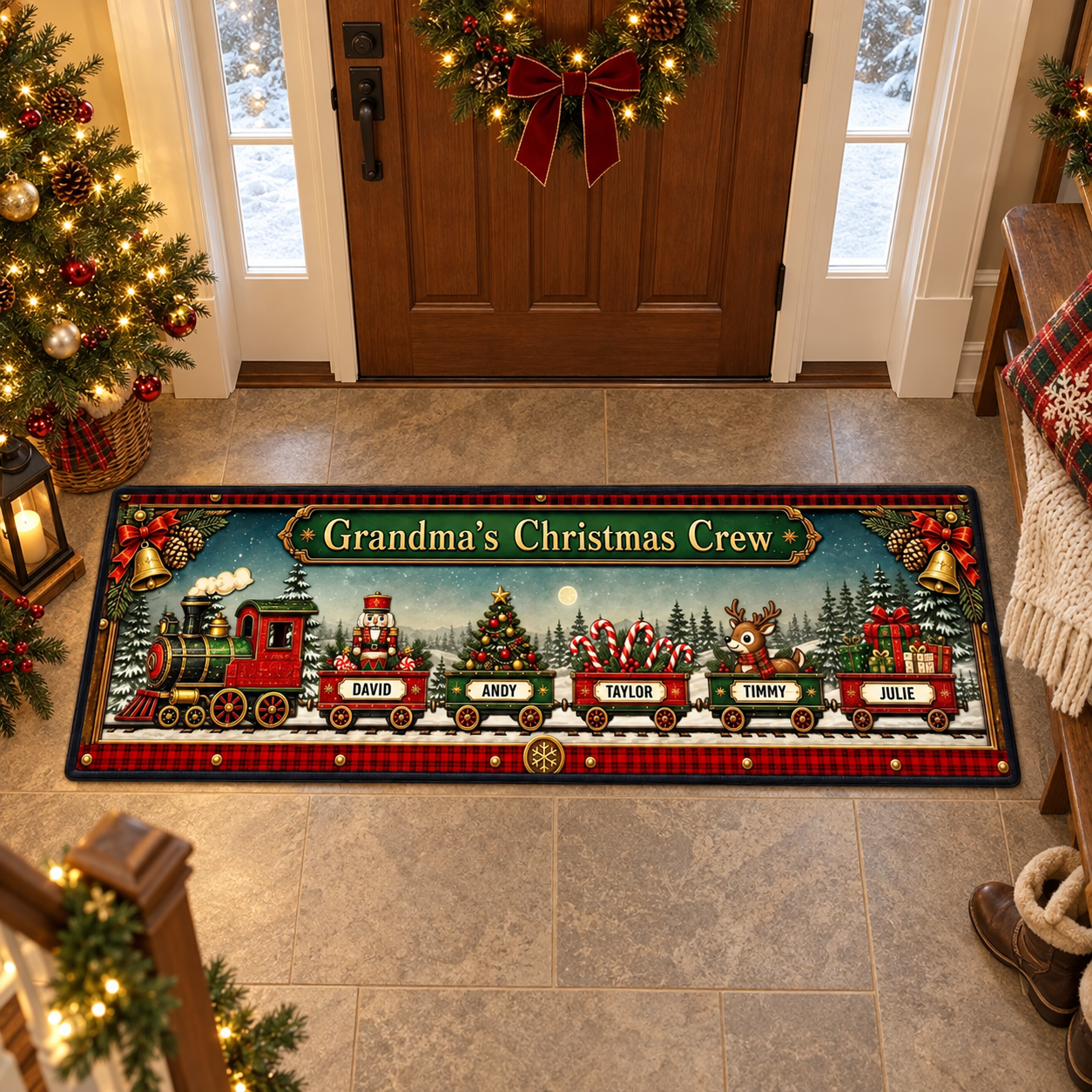 Personalized Christmas train family runner rug in a front door entryway