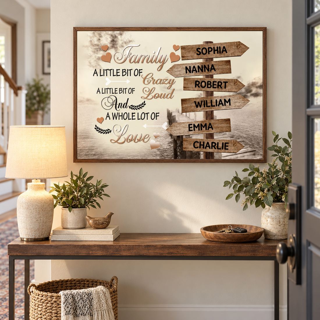Custom family names direction signs poster hanging in an entryway above a console table