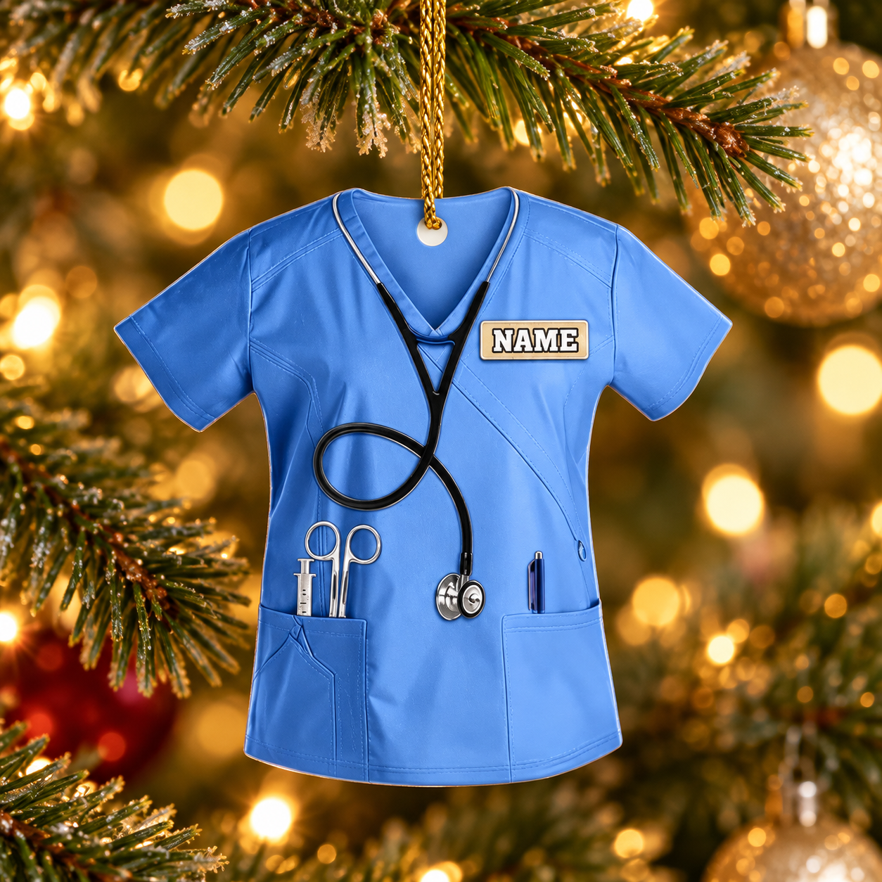 Close-up of a custom nurse scrubs acrylic ornament on a pine branch with warm lights