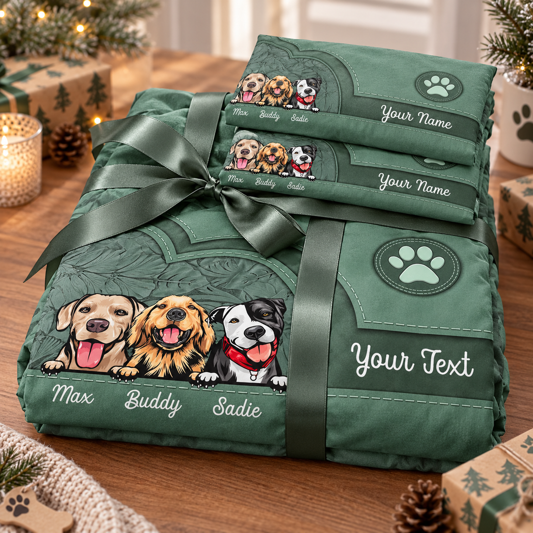 Folded personalized dog bedding set with pillowcases tied with a ribbon as a gift for dog lovers