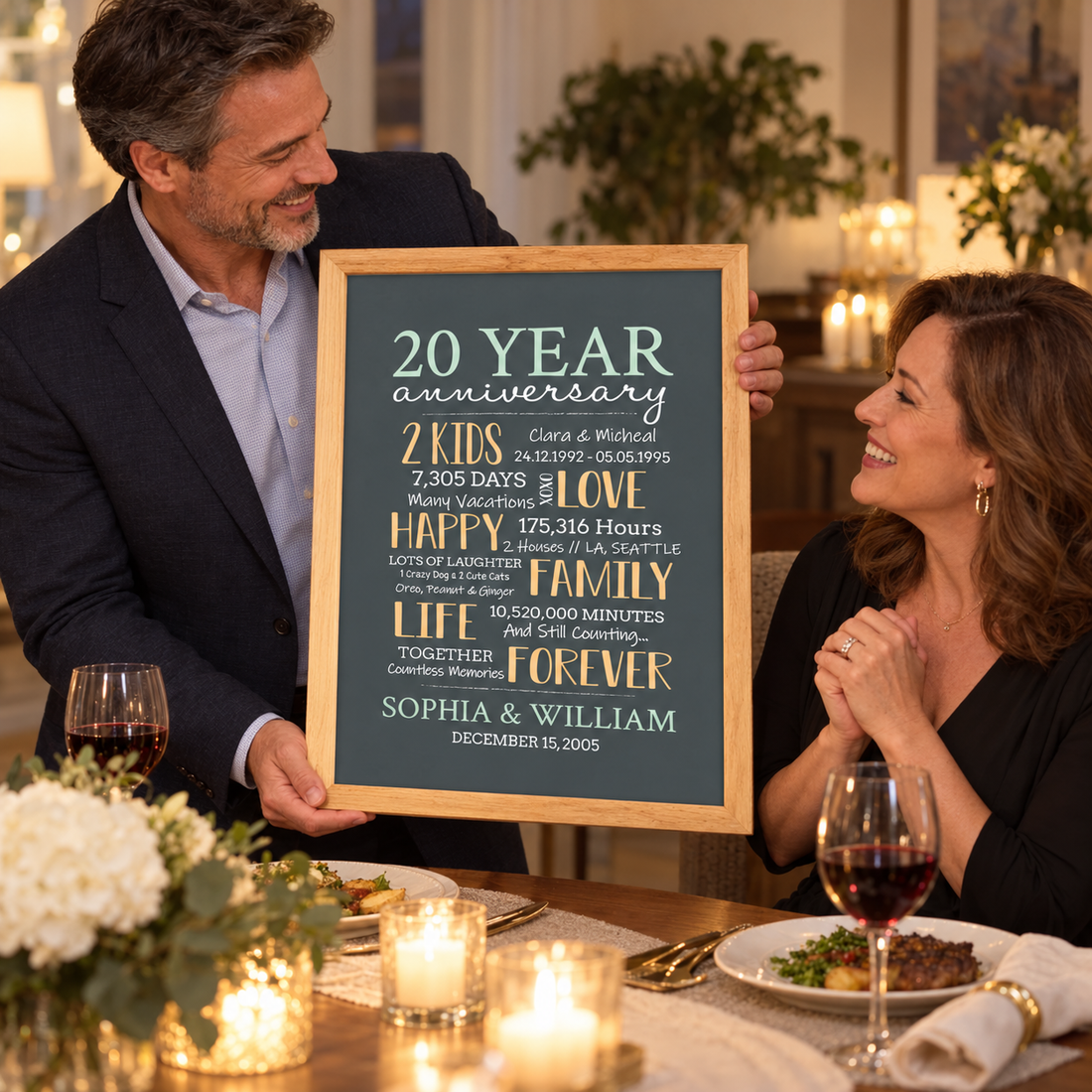 Husband presenting a wrapped 20-year anniversary couple poster to his wife at a dining table