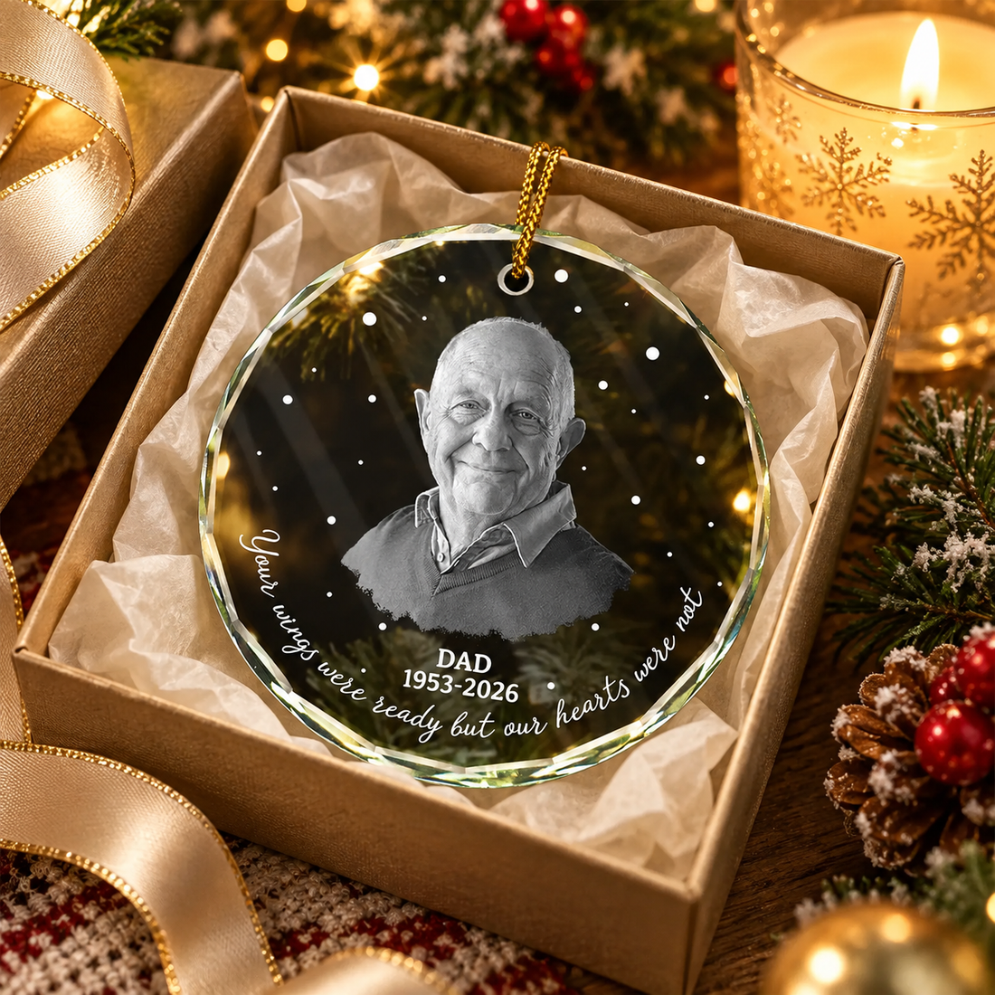Memorial glass ornament in a gift box with tissue paper and ribbon beside a candle