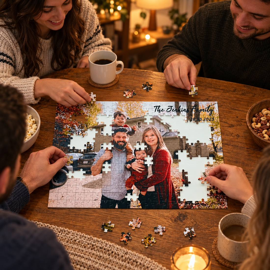Custom photo puzzle assembled on a dining table while friends place pieces during game night