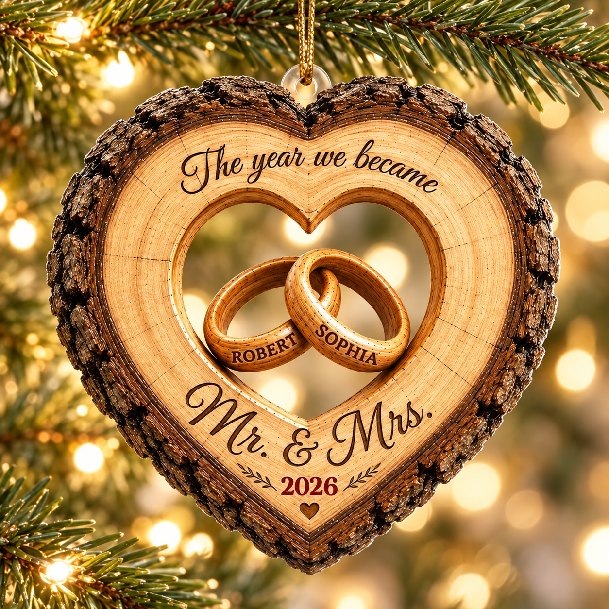 Close-up of a personalized couple acrylic ornament on a pine branch with warm bokeh lights
