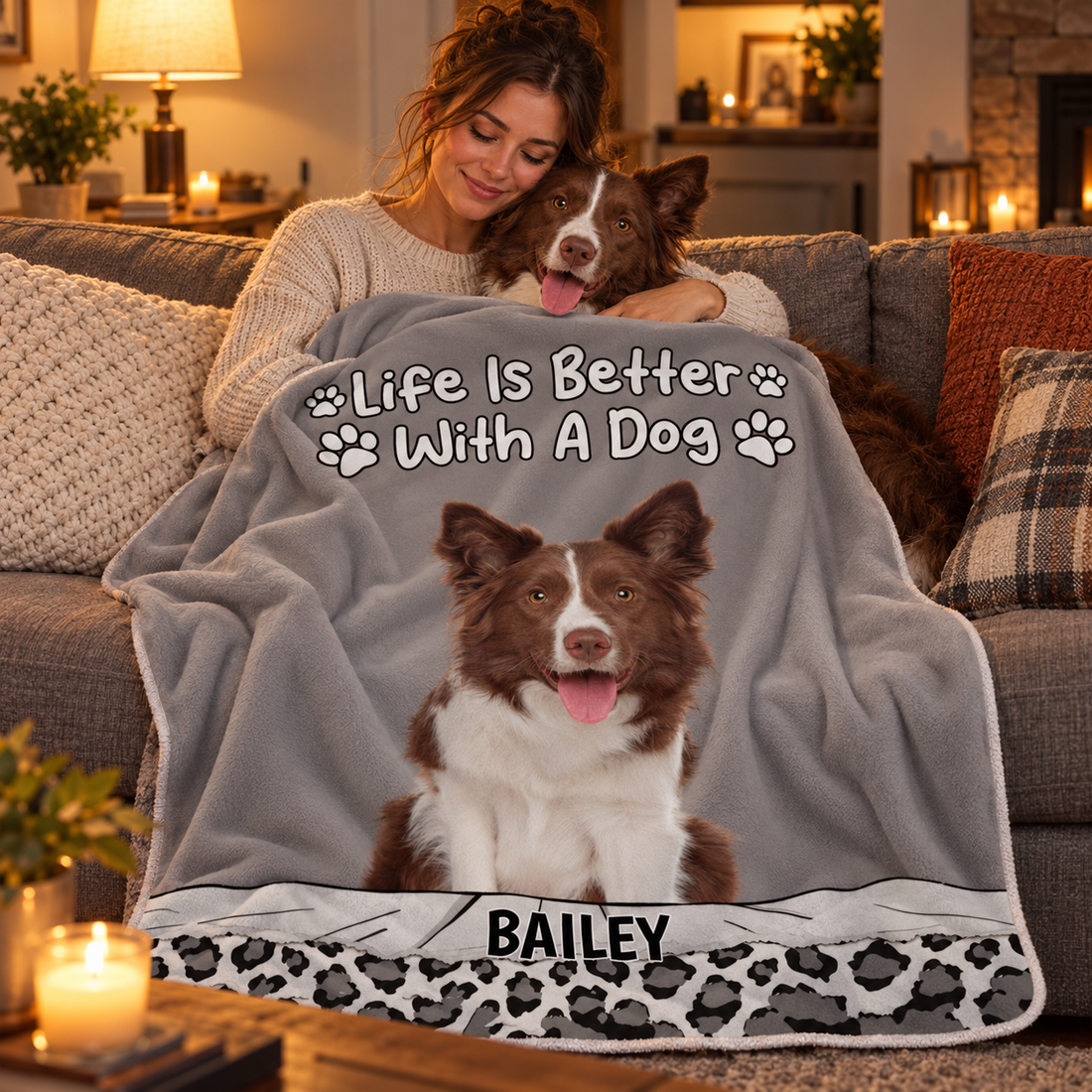 Woman cuddling her dog on a sofa under a custom photo Life Is Better With Dog blanket
