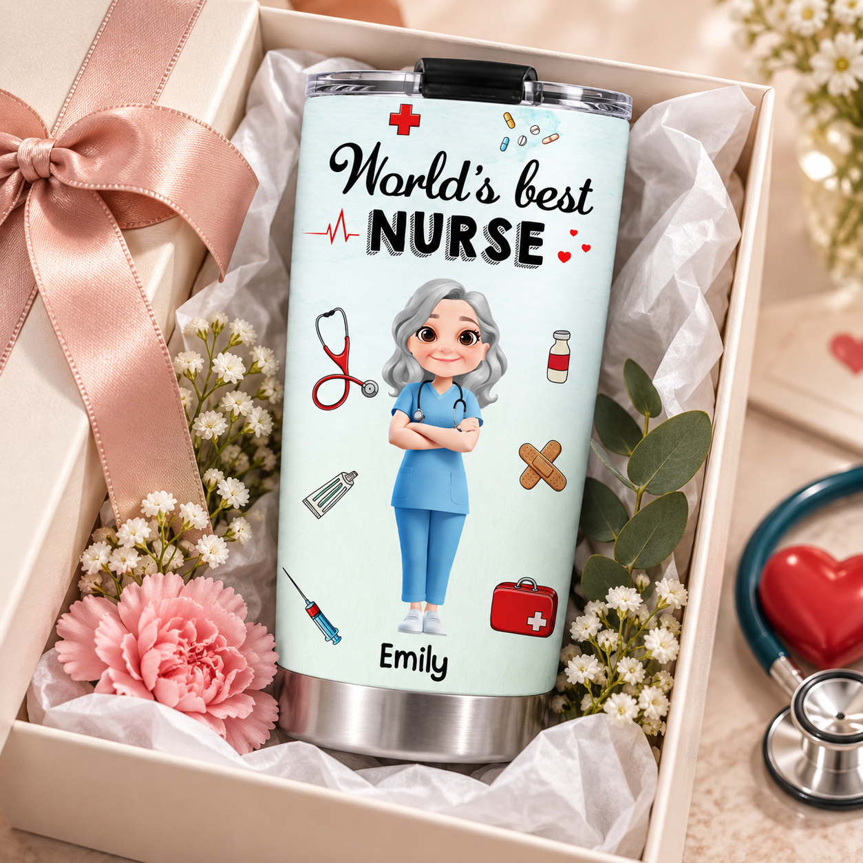 Custom nurse tumbler in a gift box with tissue, ribbon and small flowers for Nurses Week
