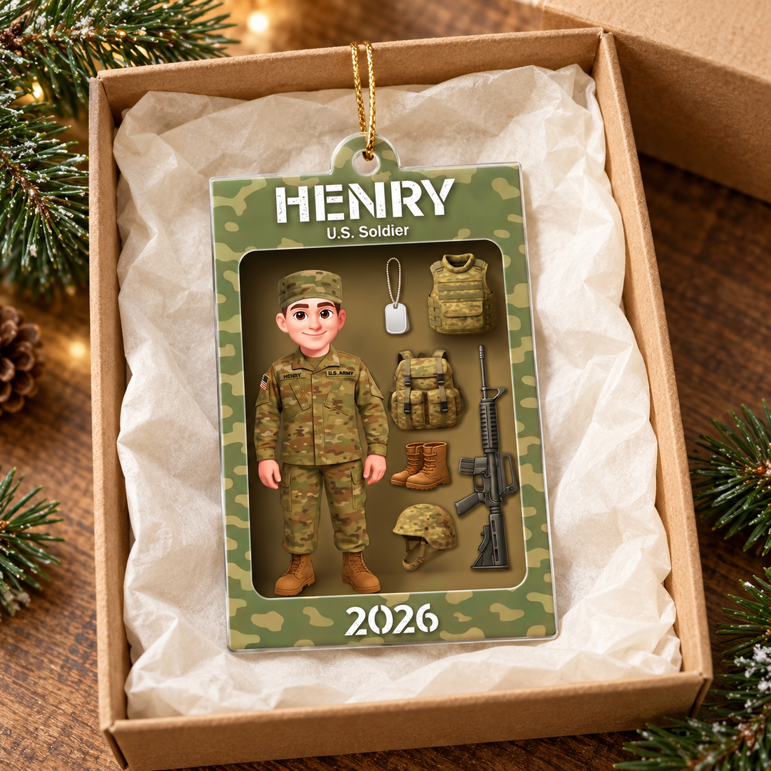 Custom U.S. Soldier camouflage acrylic ornament with name and year in a kraft gift box with tissue