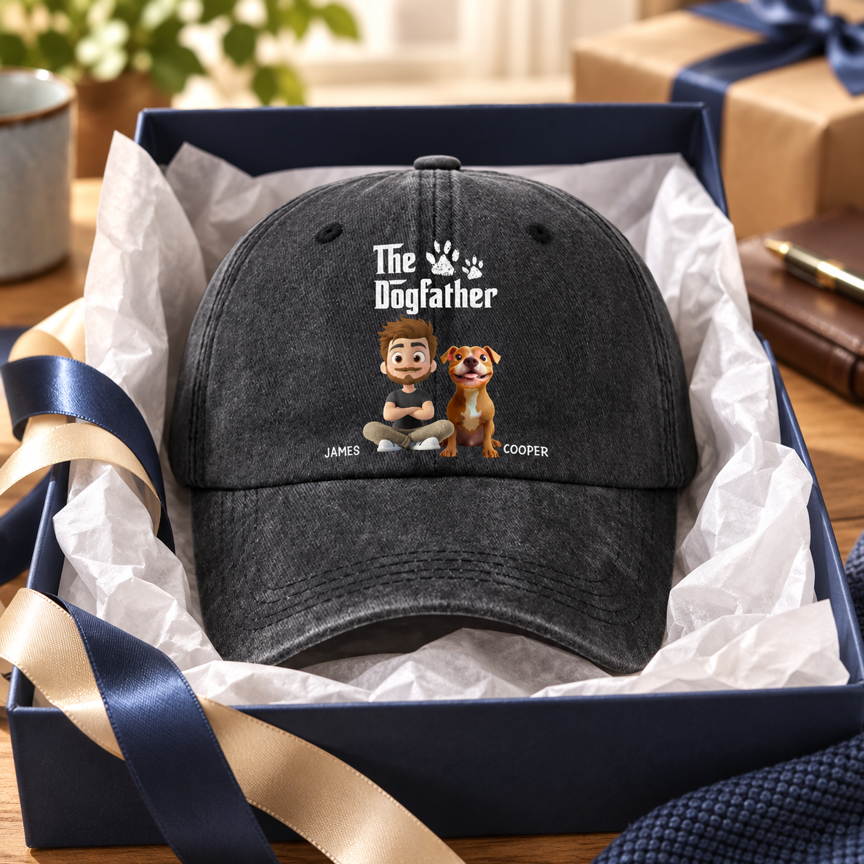 Custom Dog Father washed denim cap in a gift box with ribbon