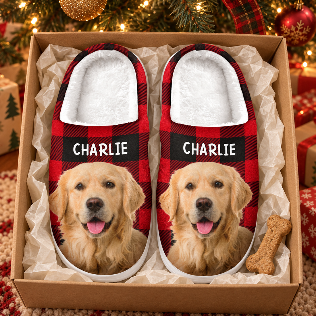 Pair of warm puppy dog slippers in a Christmas gift box with tissue paper