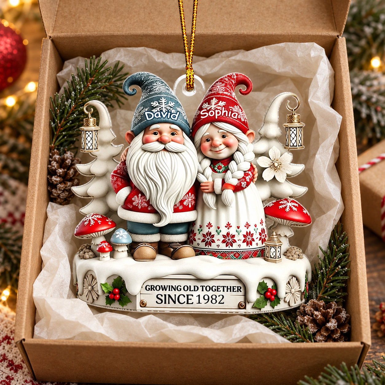 Gnome couple Growing Old Together ornament in a kraft gift box with tissue paper and pine sprigs