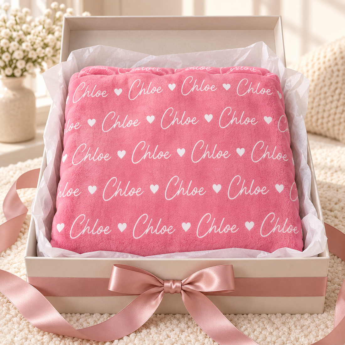 Pink personalized name fleece blanket with repeated name Chloe folded in a gift box with ribbon