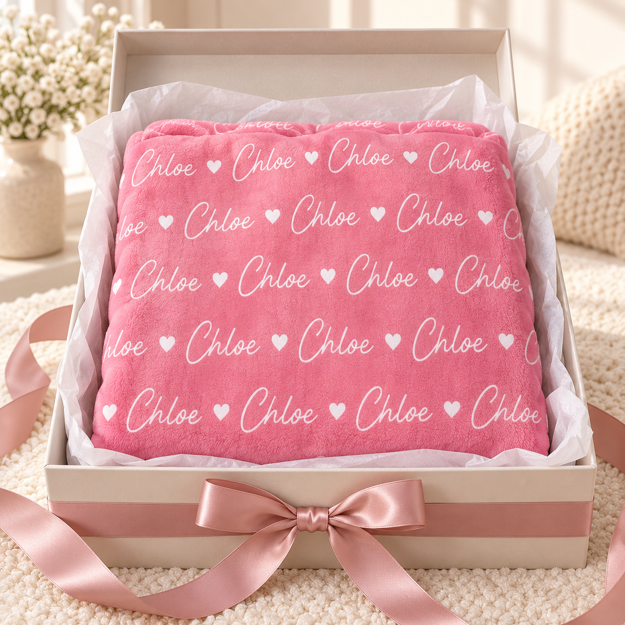 Pink personalized name fleece blanket with repeated name Chloe folded in a gift box with ribbon