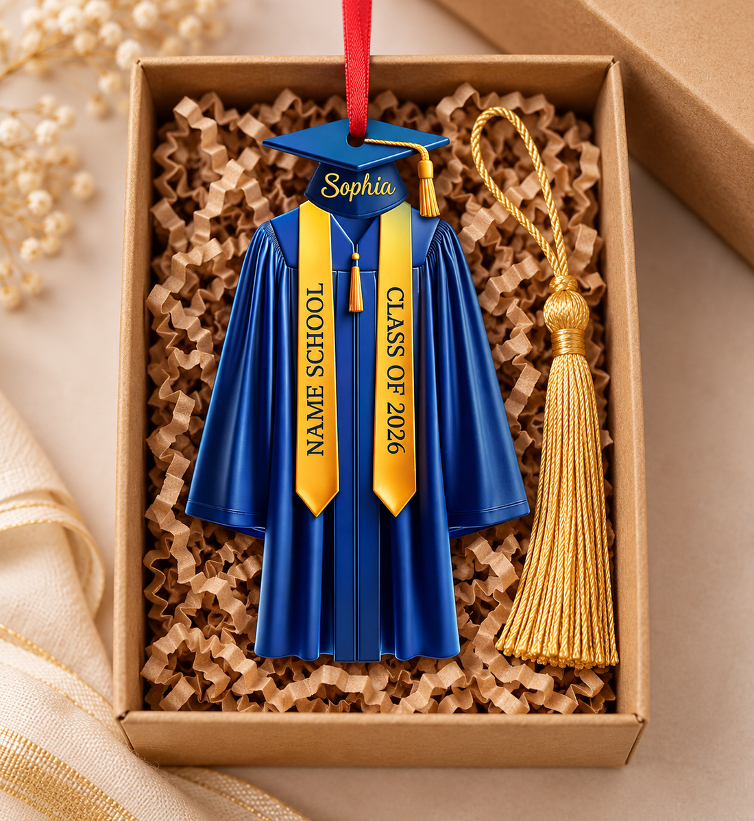 Custom graduation gown acrylic ornament with gold stole in a kraft gift box with a gold tassel