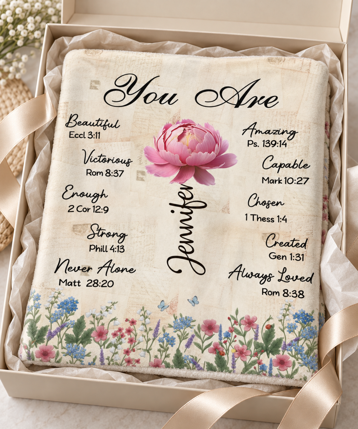 Personalized You Are Bible verse blanket folded in an open gift box with ribbon and tissue paper