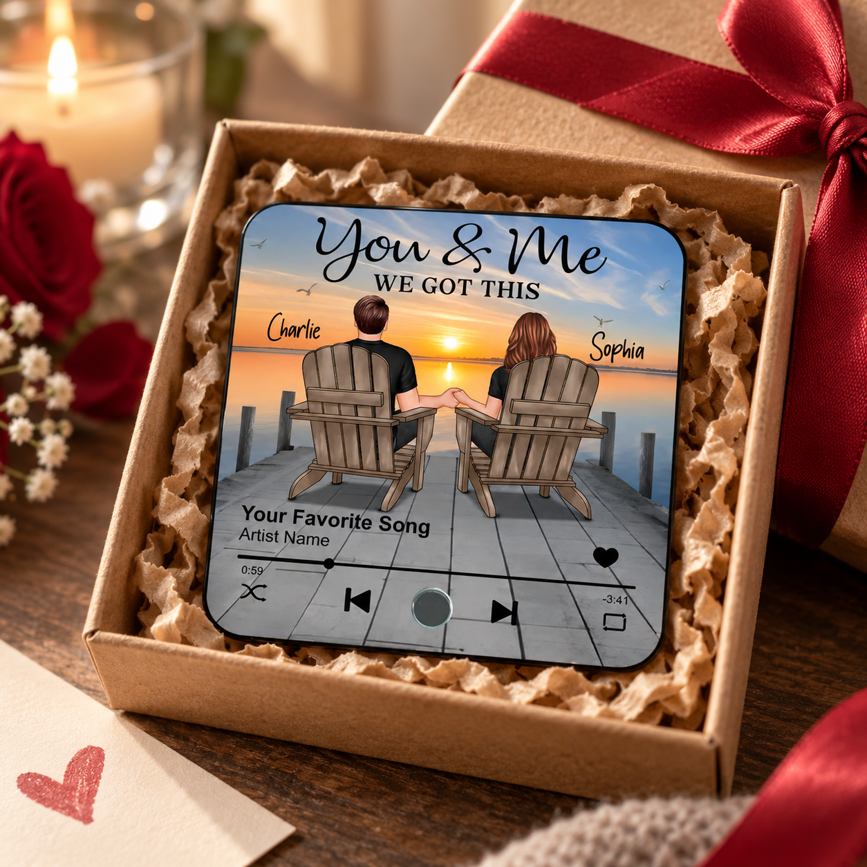 Custom couple song fridge magnet in a kraft gift box with ribbon