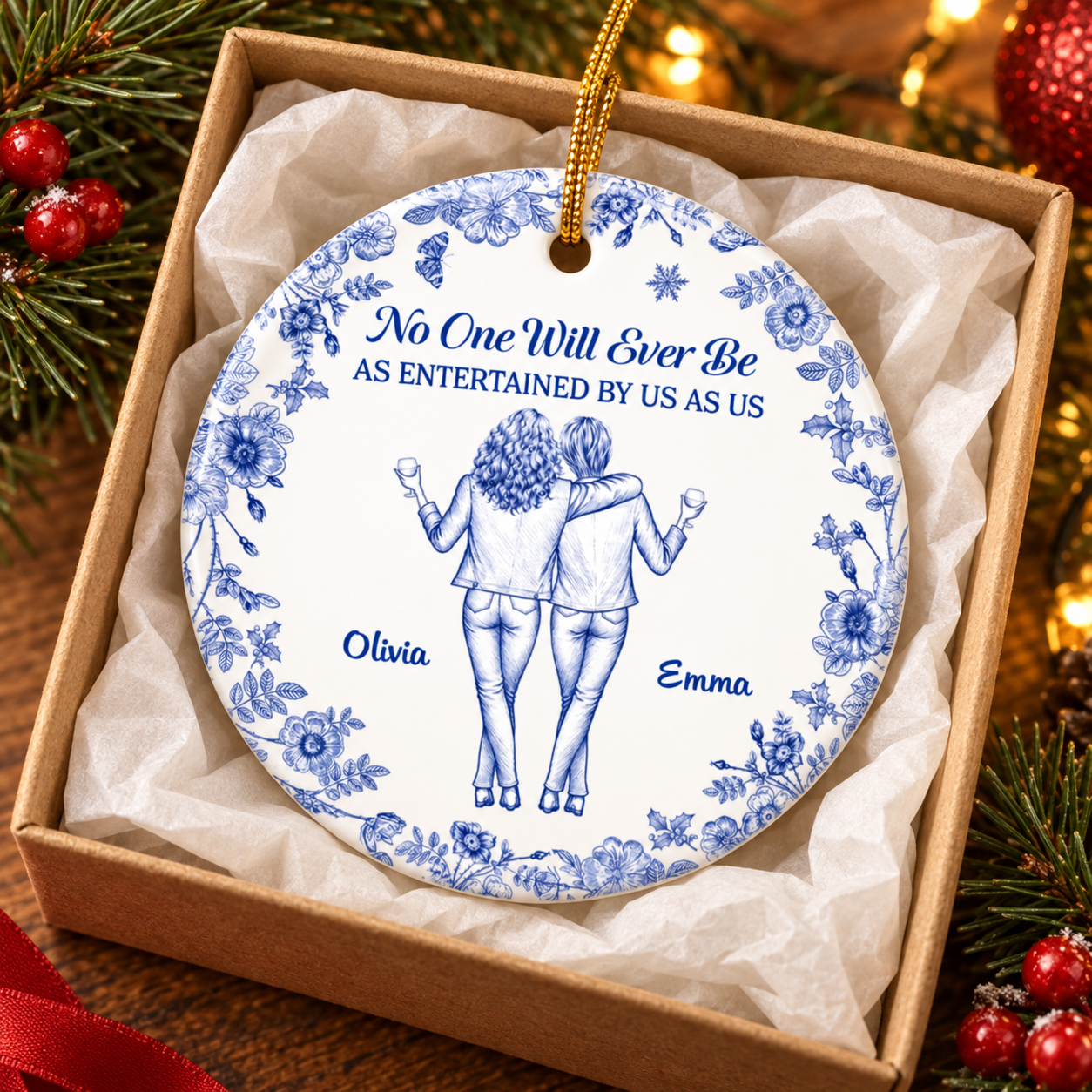 Custom bestie blue floral circle ceramic ornament in a kraft gift box with tissue paper