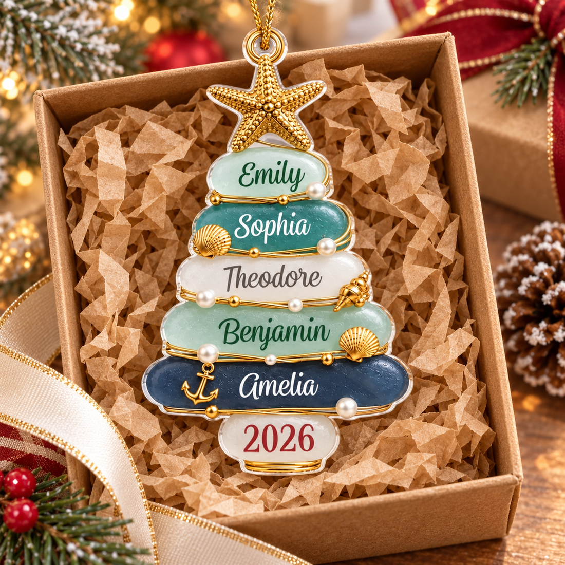 Personalized family acrylic Christmas ornament in a kraft gift box with ribbon