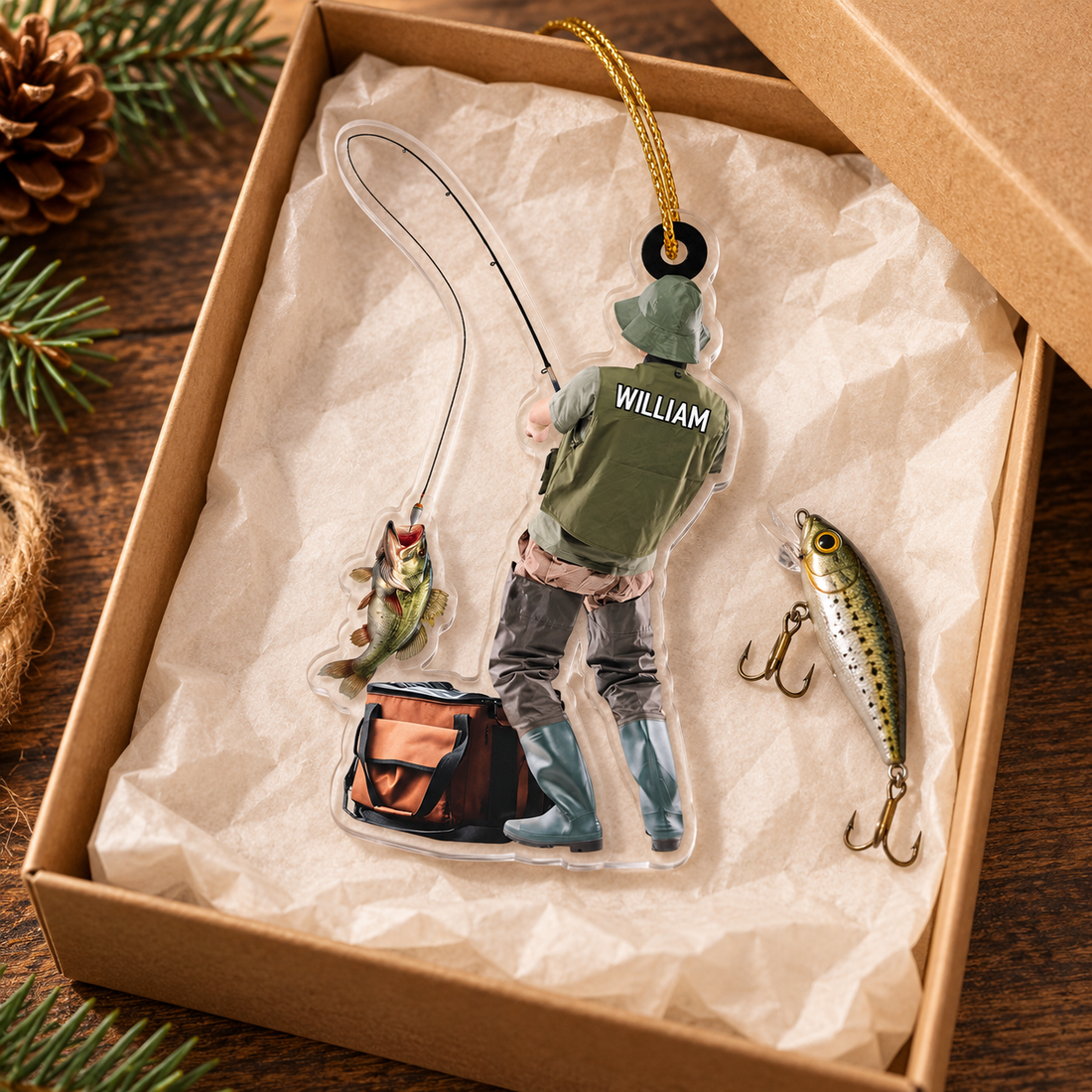 Custom name fishing ornament with a bass on the line in a kraft gift box beside a fishing lure