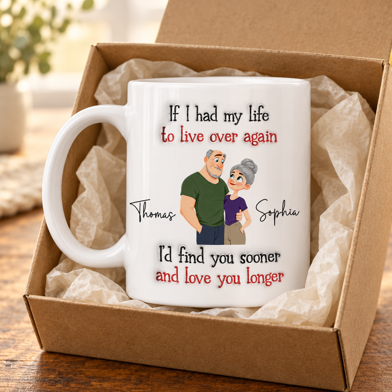 Custom couple mug If I Had My Life To Live Over Again in a kraft gift box with tissue paper