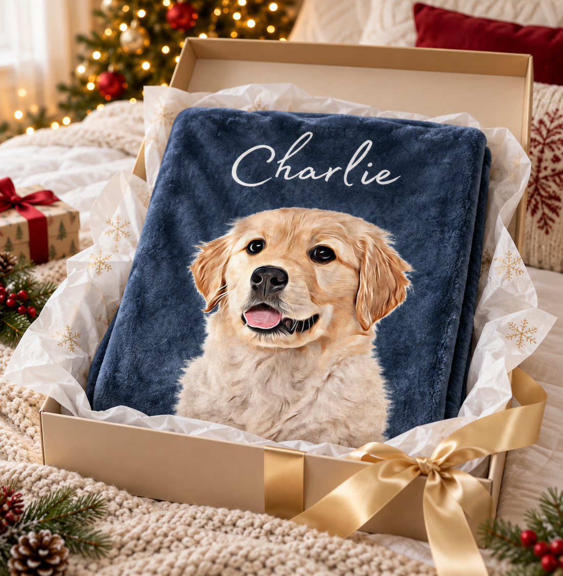 Custom pet portrait blanket with name Charlie folded in a gift box with ribbon and tissue paper
