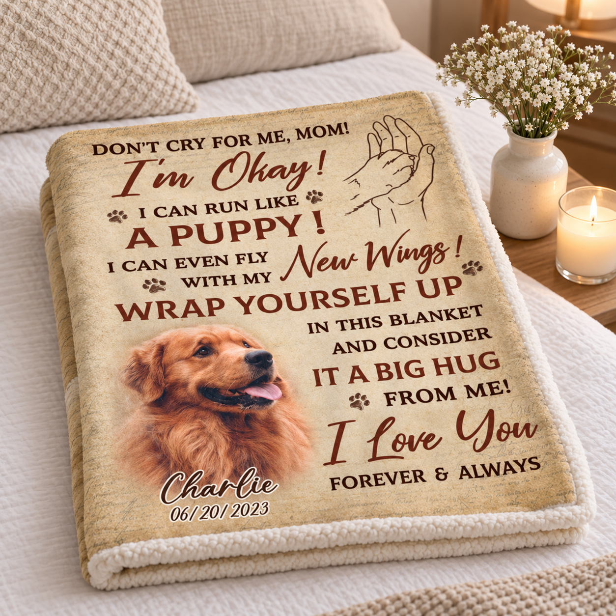 Folded pet memorial photo blanket with Charlie dog photo as a sympathy gift beside white flowers and a candle