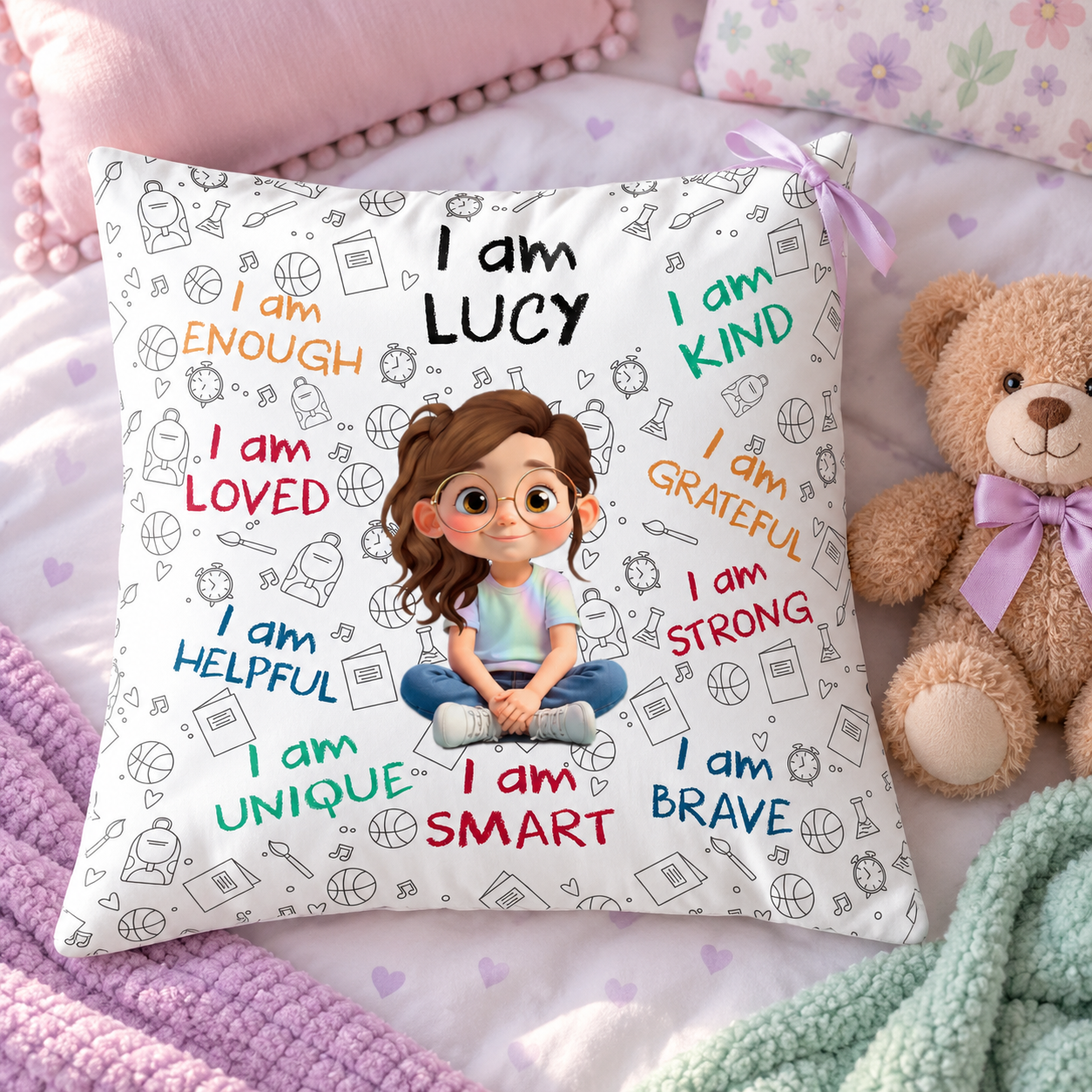 Personalized I Am Enough kid pillow with name and cartoon girl on a pastel bed beside a teddy bear