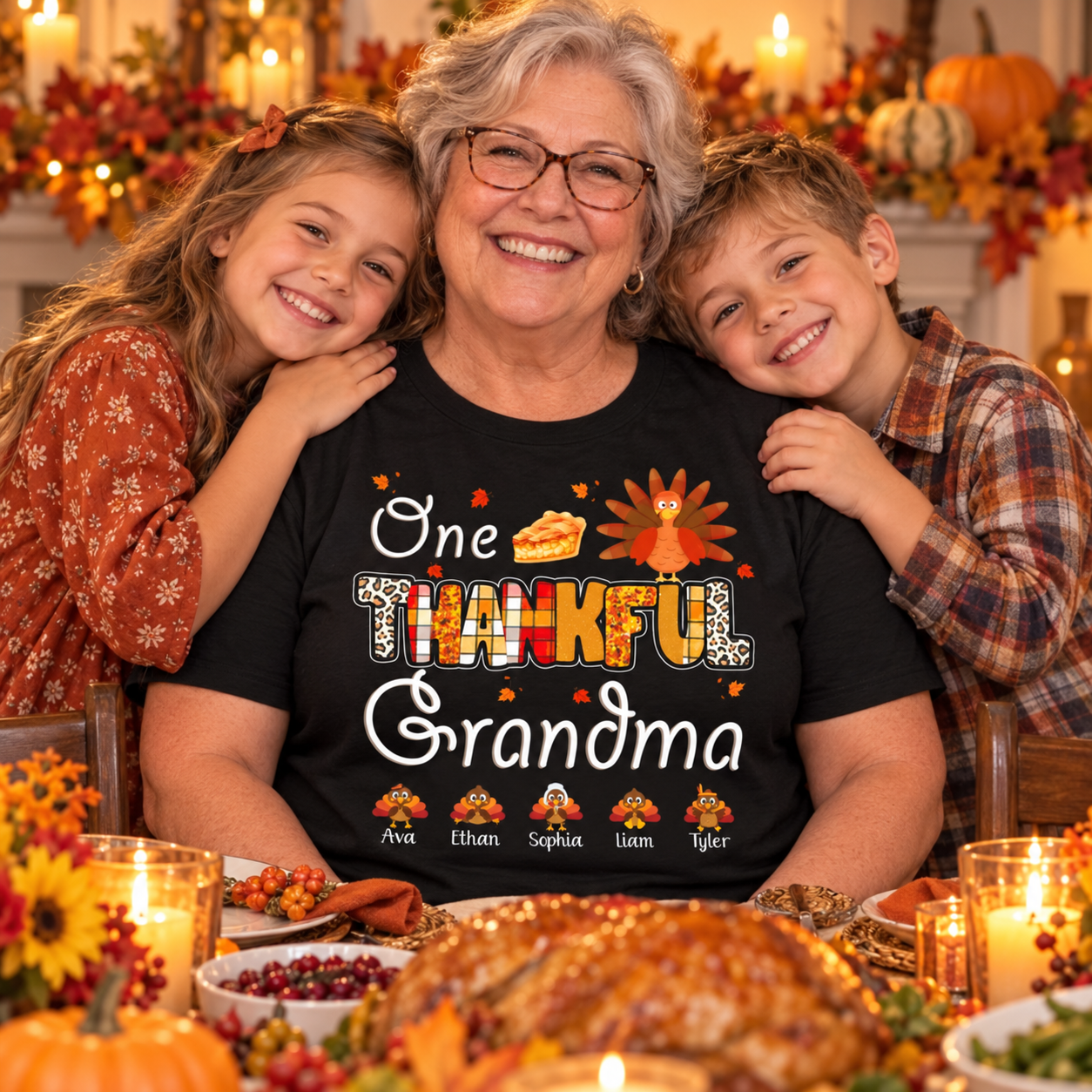 Black t-shirt with "One Thankful Grandma" little turkeys and grandkids names