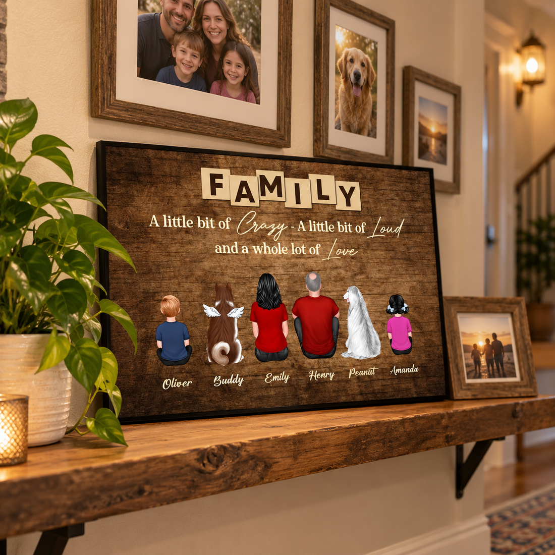 Custom Brothers and Sisters Forever poster leaning on a hallway shelf with family photos and a plant