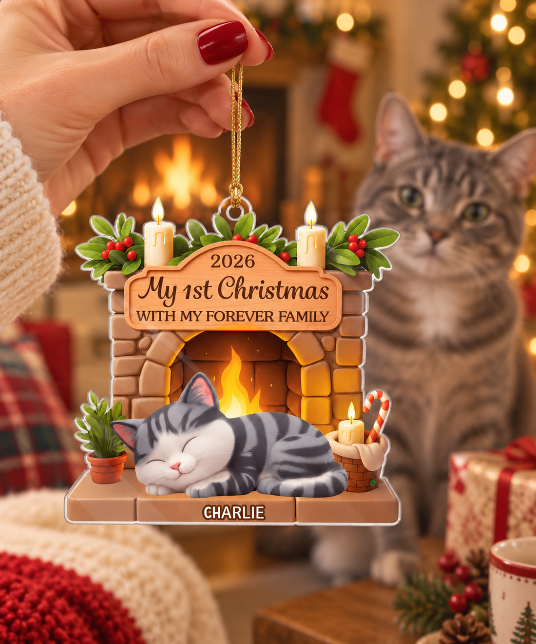 Hand holding a personalized cat fireplace ornament with a real gray tabby cat beside it