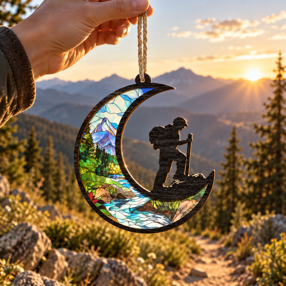 Hand holding a moon shaped hiker stained glass suncatcher in front of a mountain trail at sunset