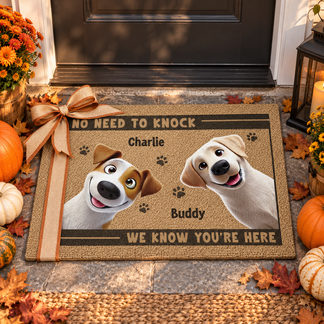 Custom Paws Before People pet doormat at a new home front door with a gift ribbon, autumn porch