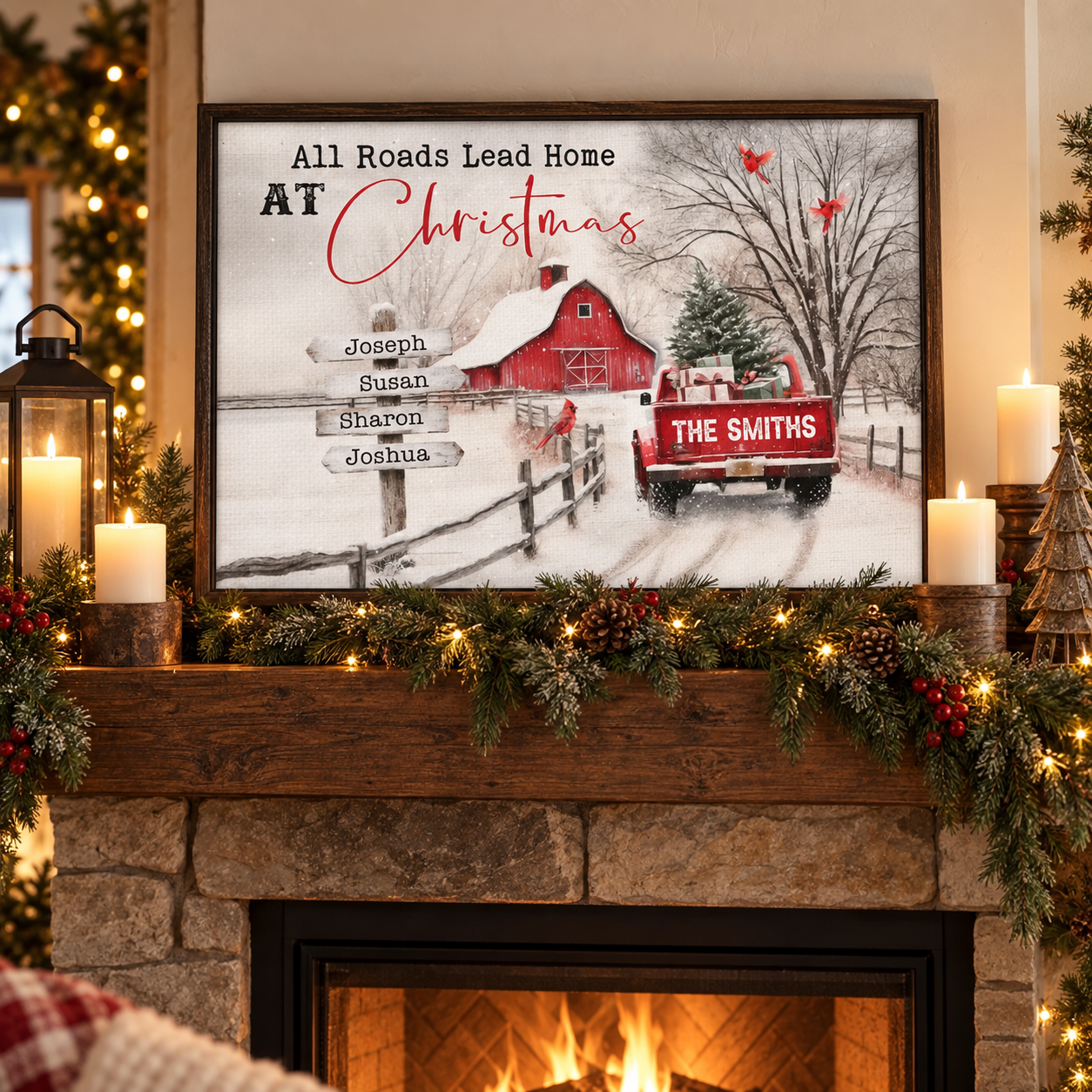 Custom All Roads Lead Home At Christmas poster on a fireplace mantel with garland and candles